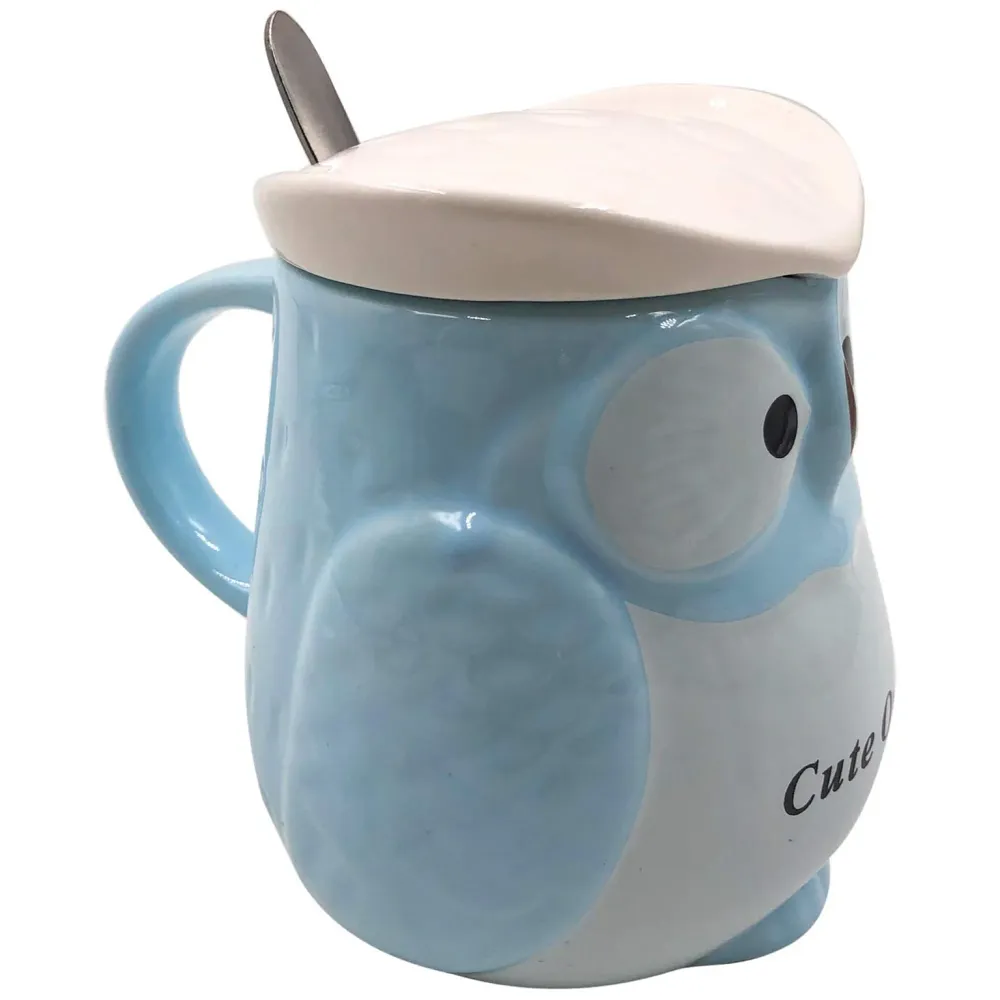 3-D Molded I Cute Animal Ceramic Mug with Spoon and Lid ~ Box Packed and High Detailing (Owl Blue)