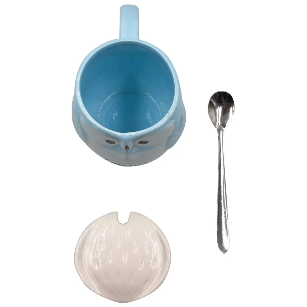 3-D Molded I Cute Animal Ceramic Mug with Spoon and Lid ~ Box Packed and High Detailing (Owl Blue)