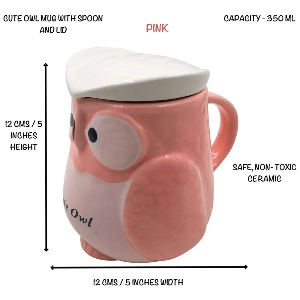 3-D Molded I Cute Animal Ceramic Mug With Spoon And Lid ~ Box Packed And High Detailing (Owl Pink)