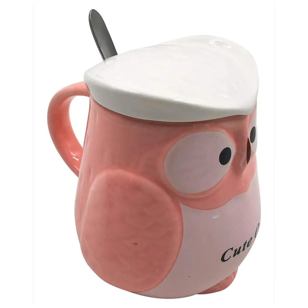 3-D Molded I Cute Animal Ceramic Mug With Spoon And Lid ~ Box Packed And High Detailing (Owl Pink)