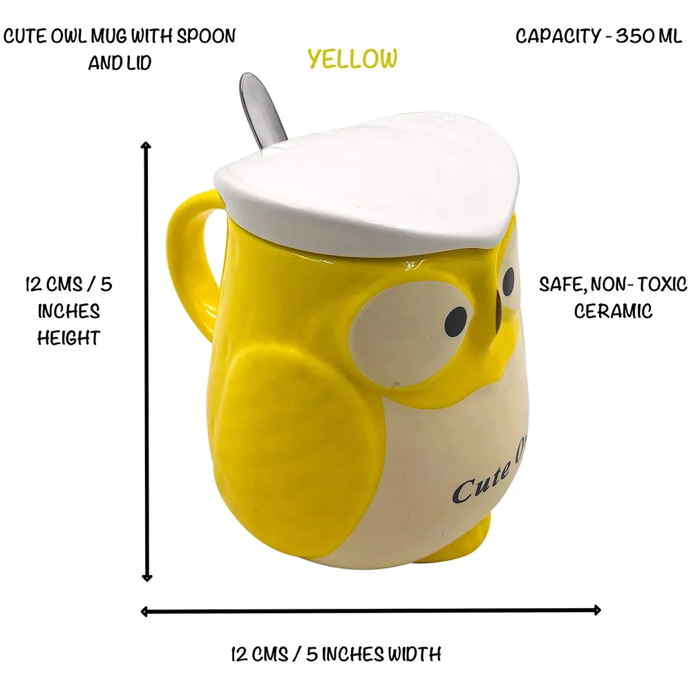 3-D Molded I Cute Animal Ceramic Mug with Spoon and Lid ~ Box Packed and High Detailing (Owl Yellow)