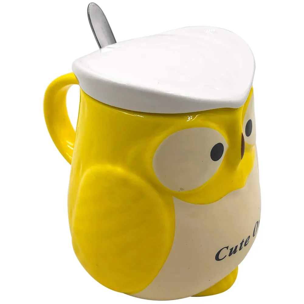 3-D Molded I Cute Animal Ceramic Mug with Spoon and Lid ~ Box Packed and High Detailing (Owl Yellow)