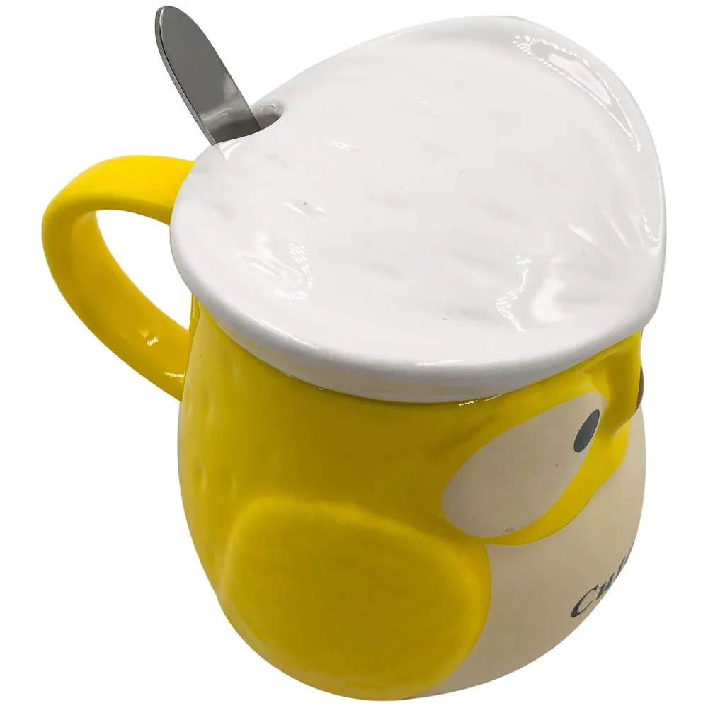 3-D Molded I Cute Animal Ceramic Mug with Spoon and Lid ~ Box Packed and High Detailing (Owl Yellow)