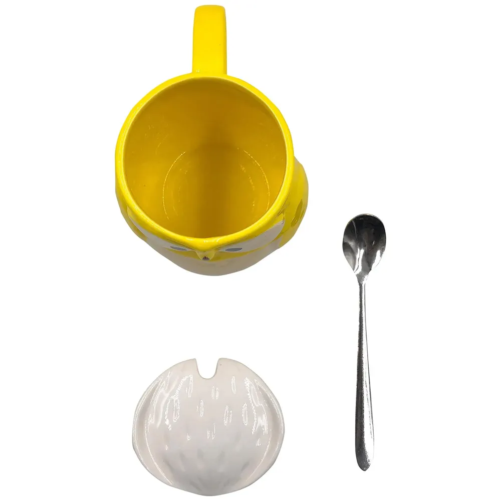 3-D Molded I Cute Animal Ceramic Mug with Spoon and Lid ~ Box Packed and High Detailing (Owl Yellow)