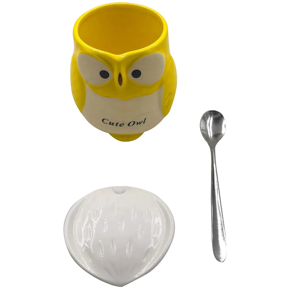 3-D Molded I Cute Animal Ceramic Mug with Spoon and Lid ~ Box Packed and High Detailing (Owl Yellow)