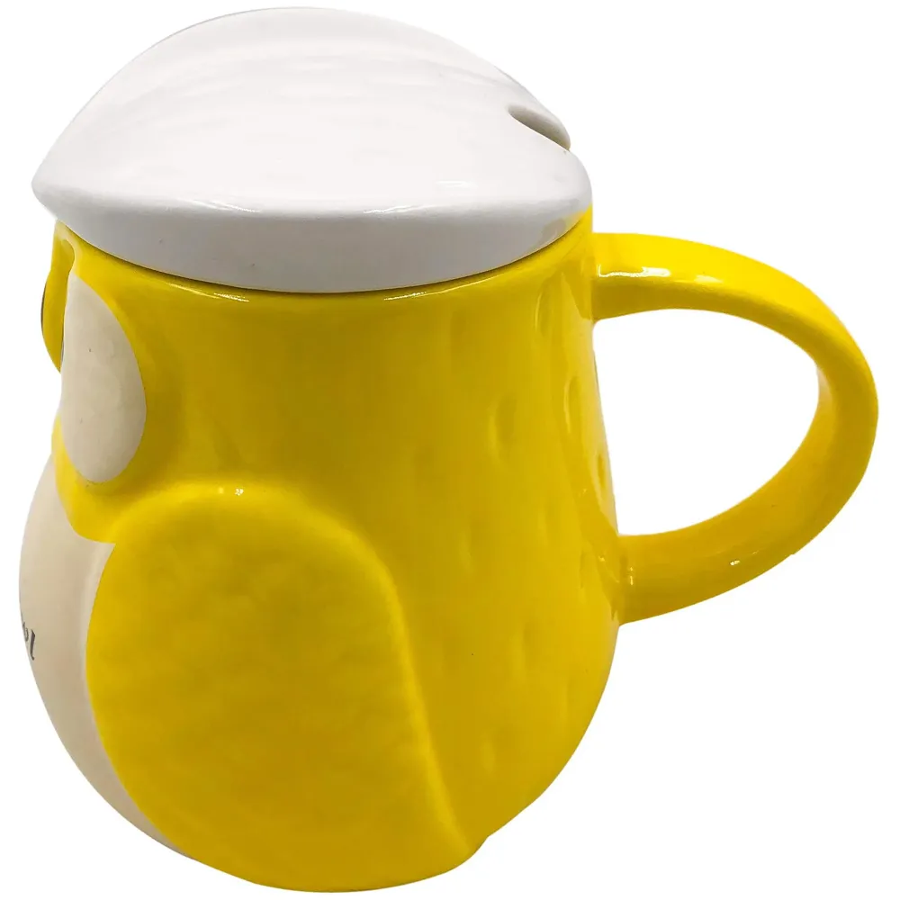 3-D Molded I Cute Animal Ceramic Mug with Spoon and Lid ~ Box Packed and High Detailing (Owl Yellow)