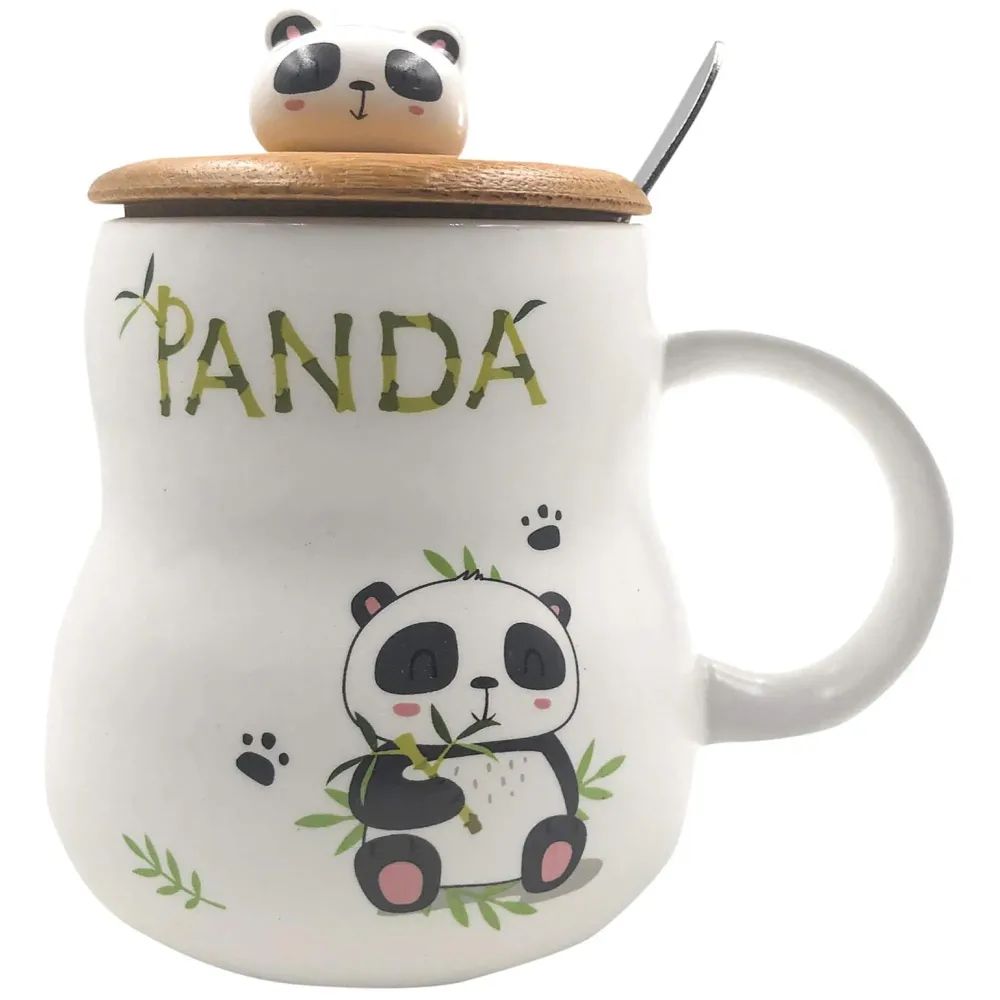 3-D Molded I Cute Animal Ceramic Mug with Spoon and Lid ~ Box Packed and High Detailing (Bamboo A)
