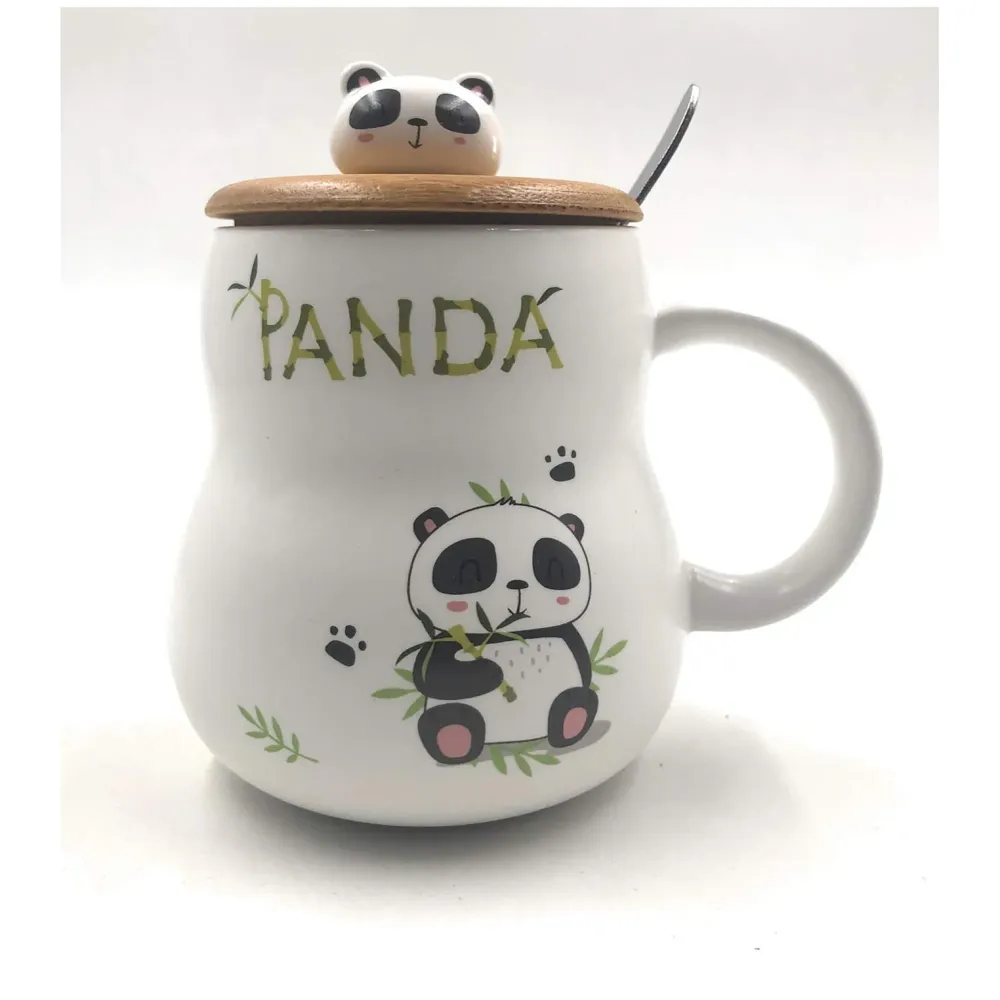 3-D Molded I Cute Animal Ceramic Mug with Spoon and Lid ~ Box Packed and High Detailing (Bamboo A)