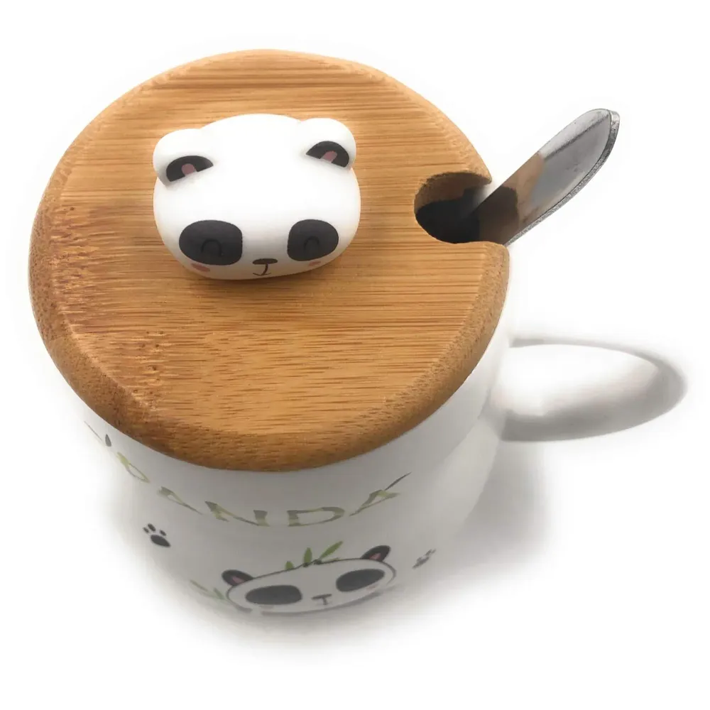 3-D Molded I Cute Animal Ceramic Mug with Spoon and Lid ~ Box Packed and High Detailing (Bamboo B)