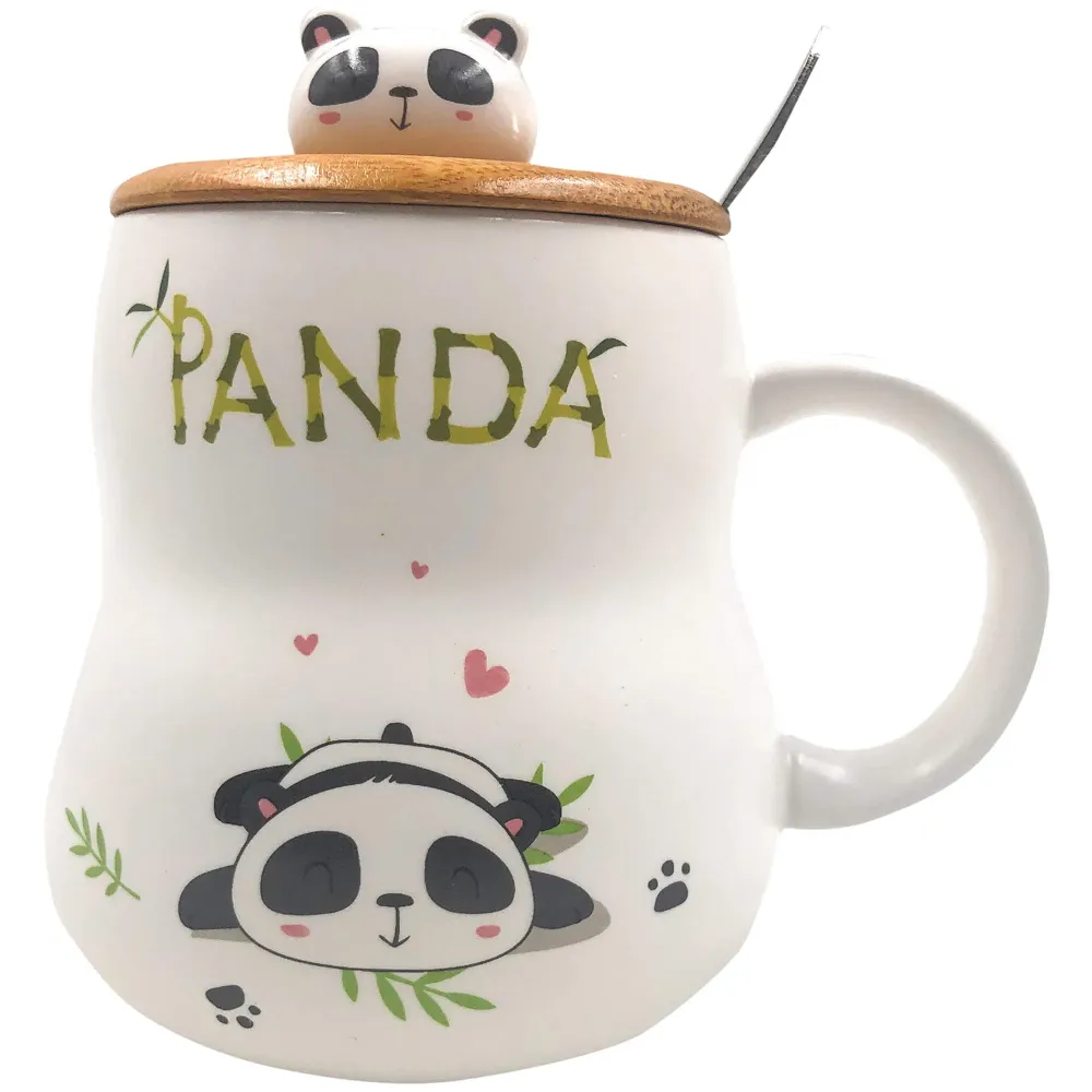 3-D Molded I Cute Animal Ceramic Mug with Spoon and Lid ~ Box Packed and High Detailing (Bamboo C)