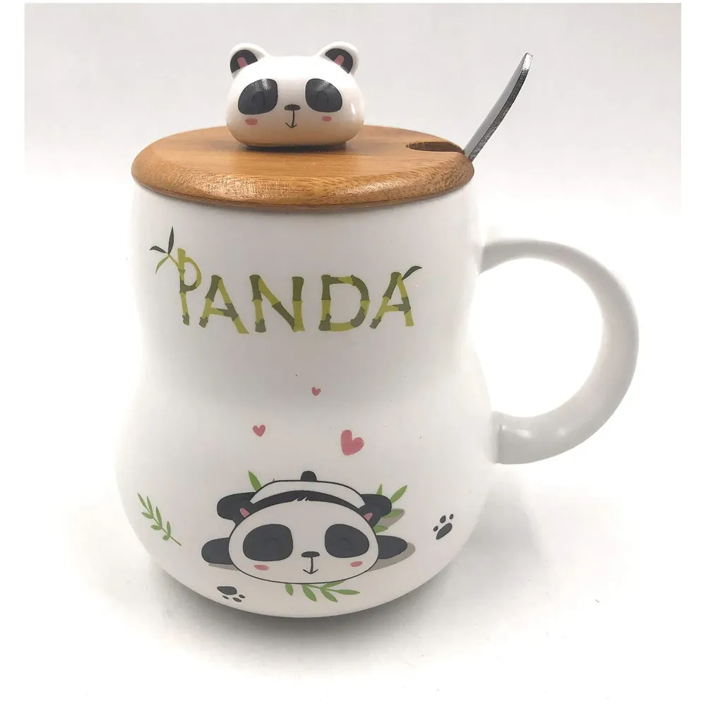3-D Molded I Cute Animal Ceramic Mug with Spoon and Lid ~ Box Packed and High Detailing (Bamboo C)