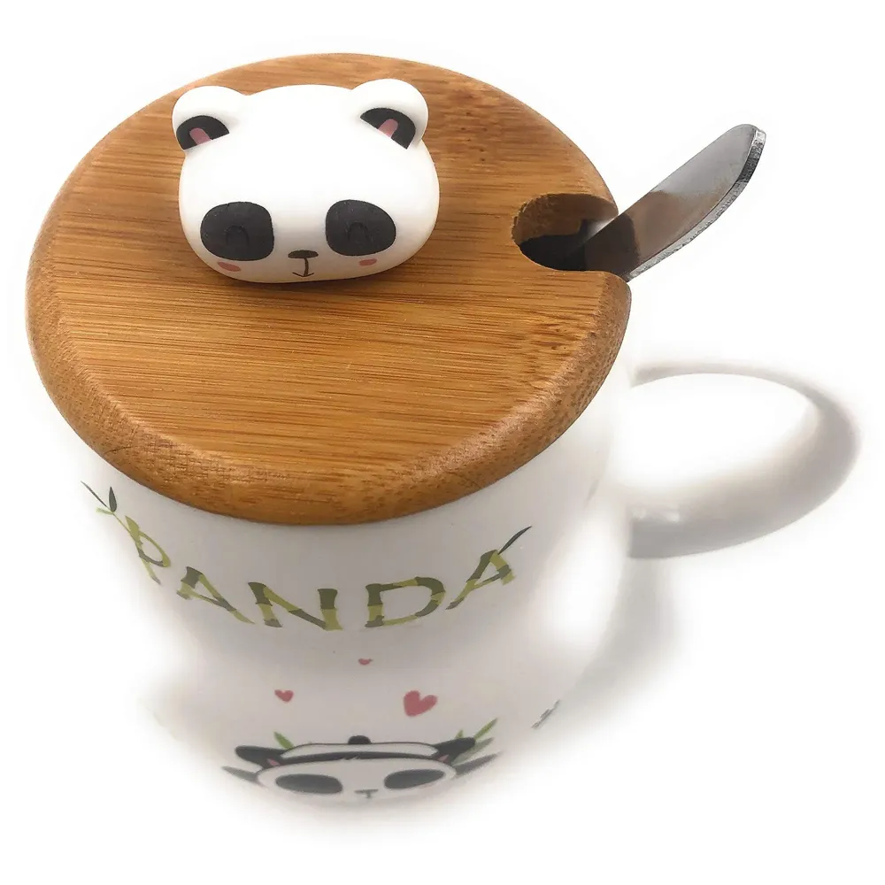3-D Molded I Cute Animal Ceramic Mug with Spoon and Lid ~ Box Packed and High Detailing (Bamboo C)