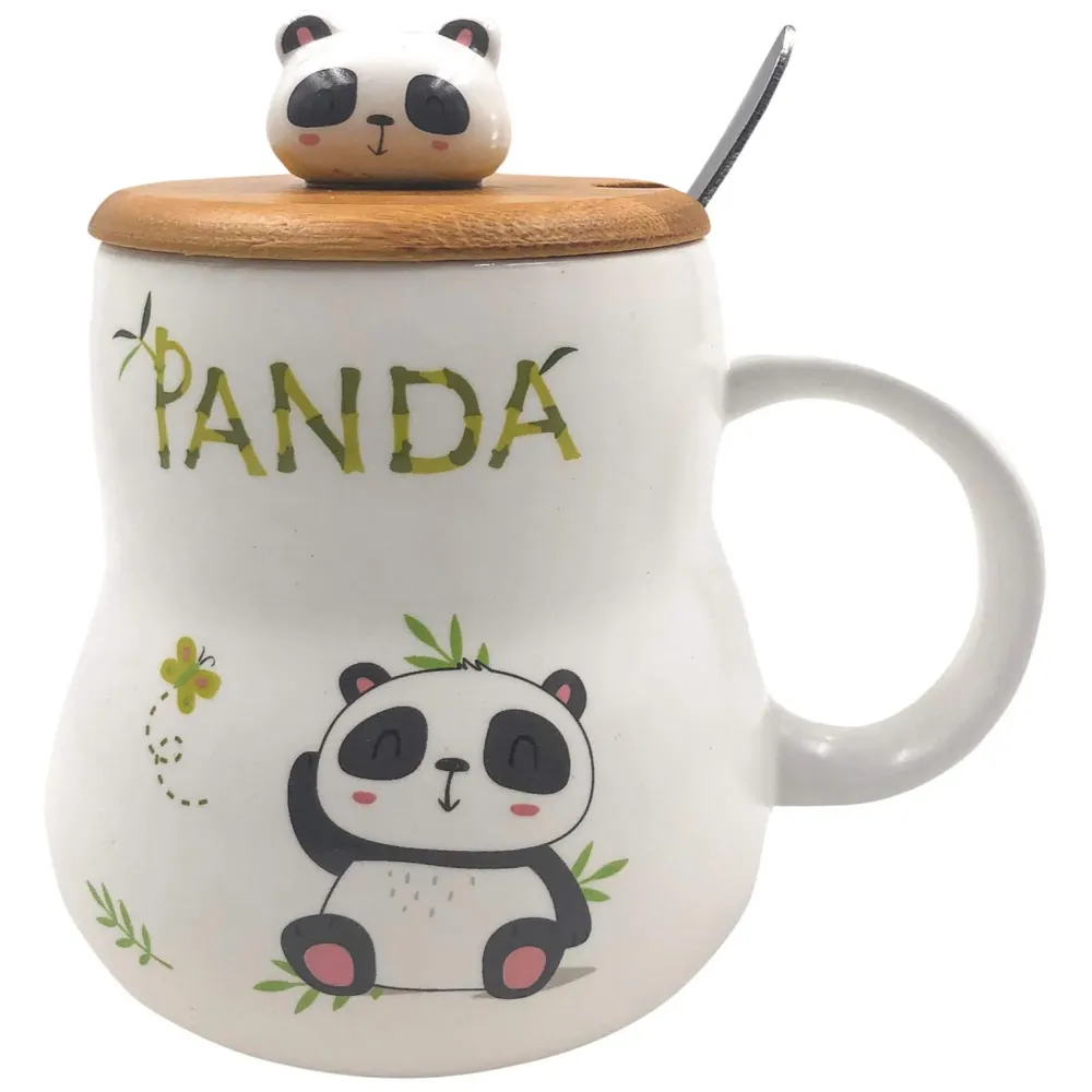 3-D Molded I Cute Animal Ceramic Mug with Spoon and Lid ~ Box Packed and High Detailing (Bamboo D)