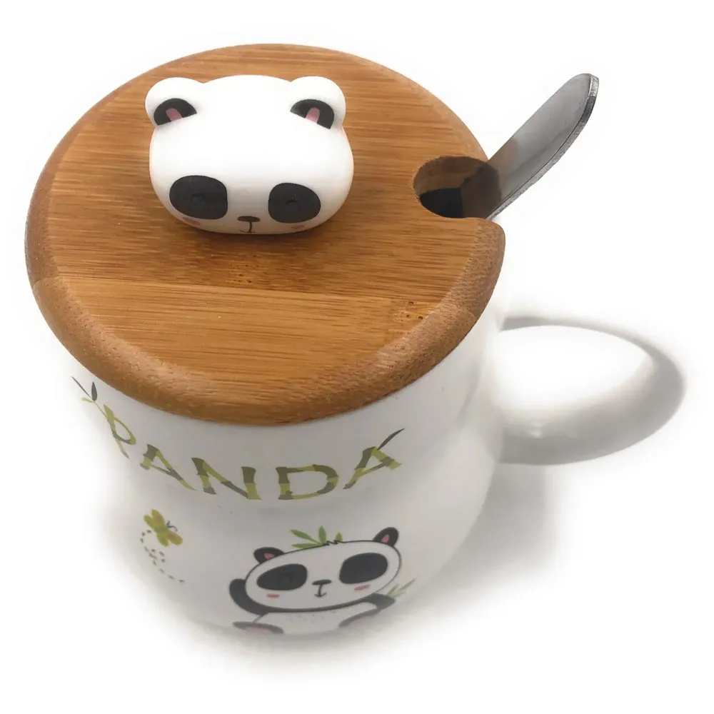 3-D Molded I Cute Animal Ceramic Mug with Spoon and Lid ~ Box Packed and High Detailing (Bamboo D)