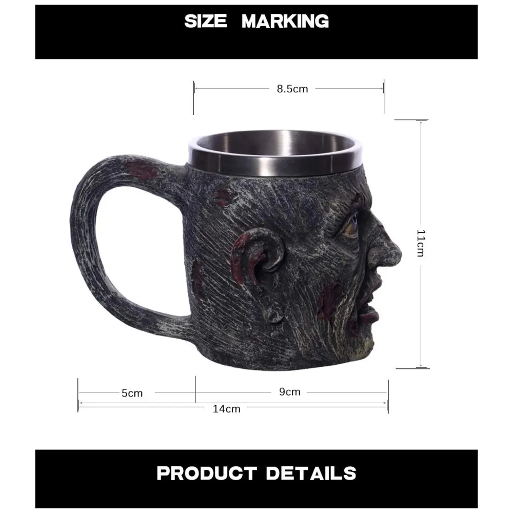 3D Skull Mug Stainless Steel 301-400ml Coffee Tea Cup (Zombie)