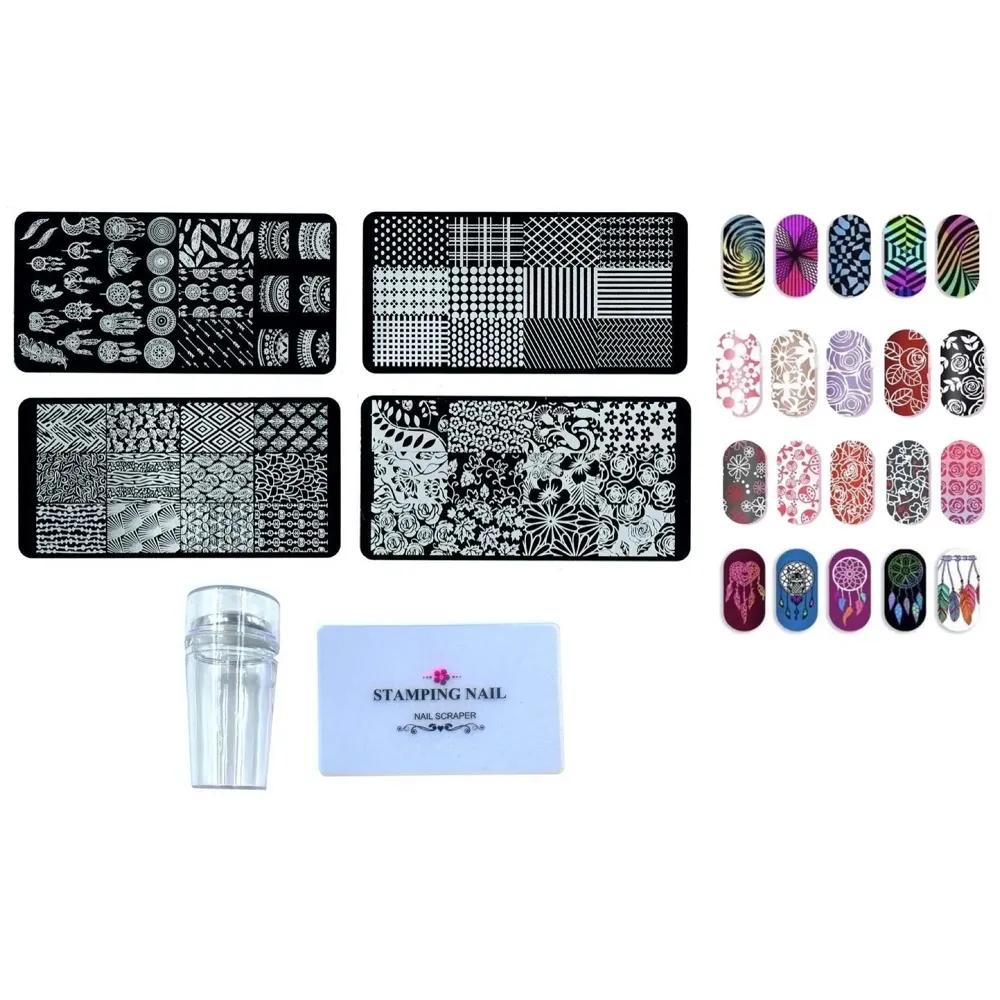 Nail Art Kit 4 Pcs Plates With Stamper And Scraper Complete Set For Beginners.