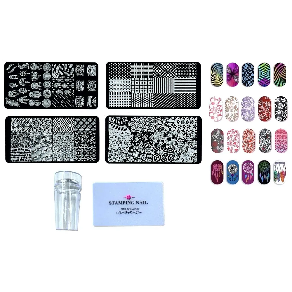 Nail Art Kit 4 Pcs Plates With Stamper And Scraper Complete Set For Beginners - Premium
