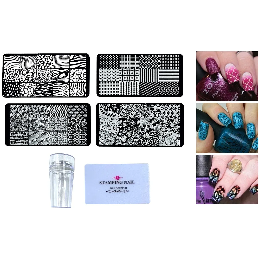 Nail Art Kit 4 Pcs Plates With Stamper And Scraper Complete Set For Beginners - Premium