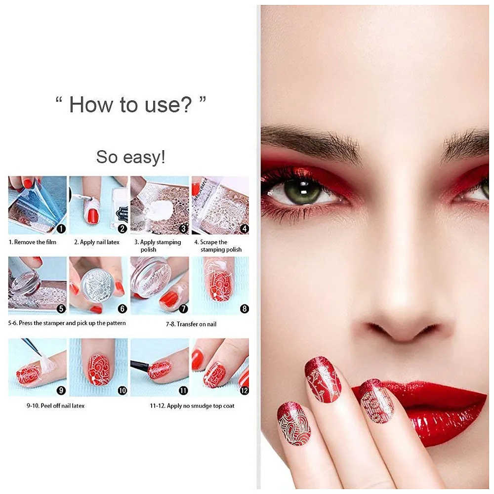 Nail Art Kit 4 Pcs Plates With Stamper And Scraper Complete Set For Beginners - Premium