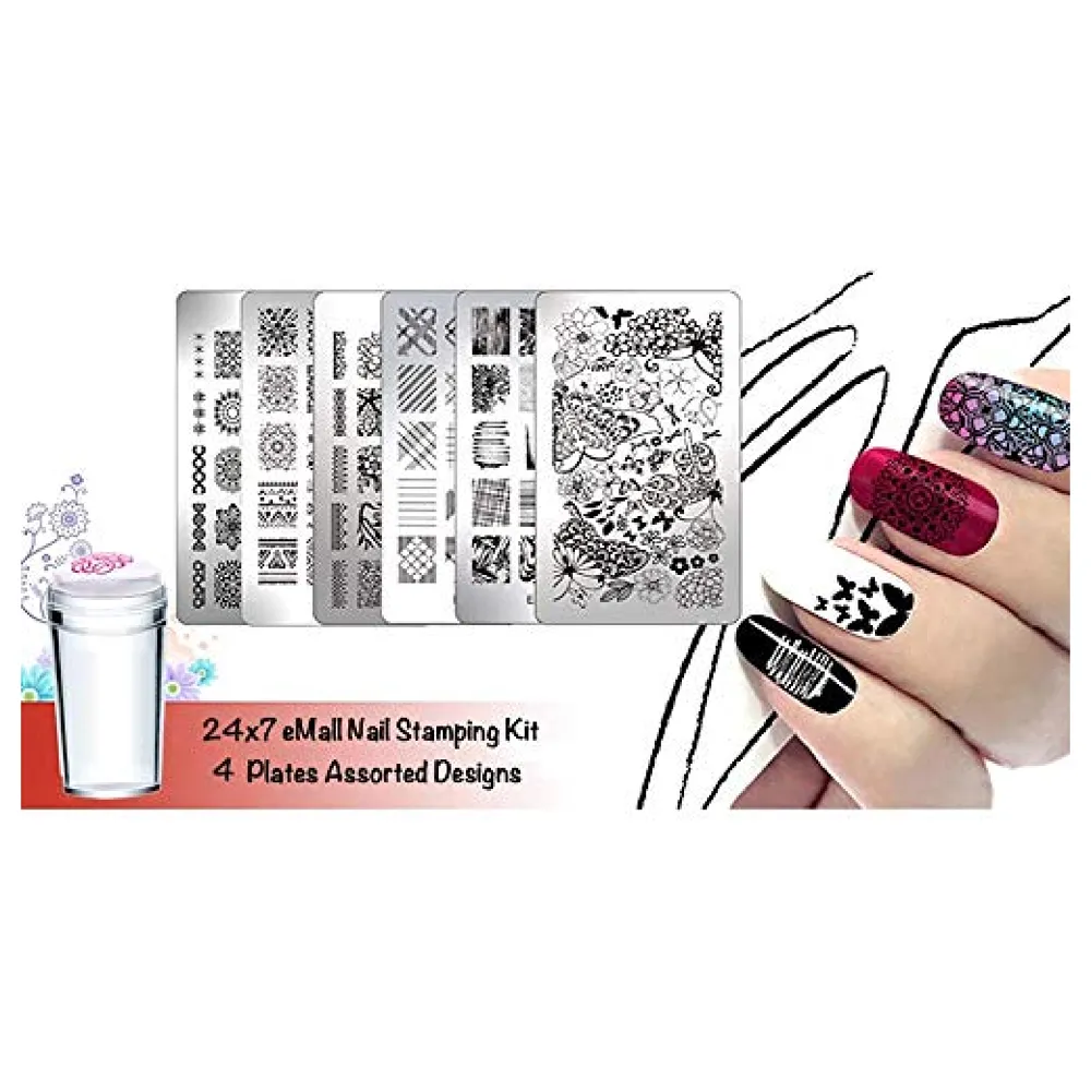 Nail Art Kit 4 Pcs Plates With Stamper And Scraper Complete Set For Beginners - Premium