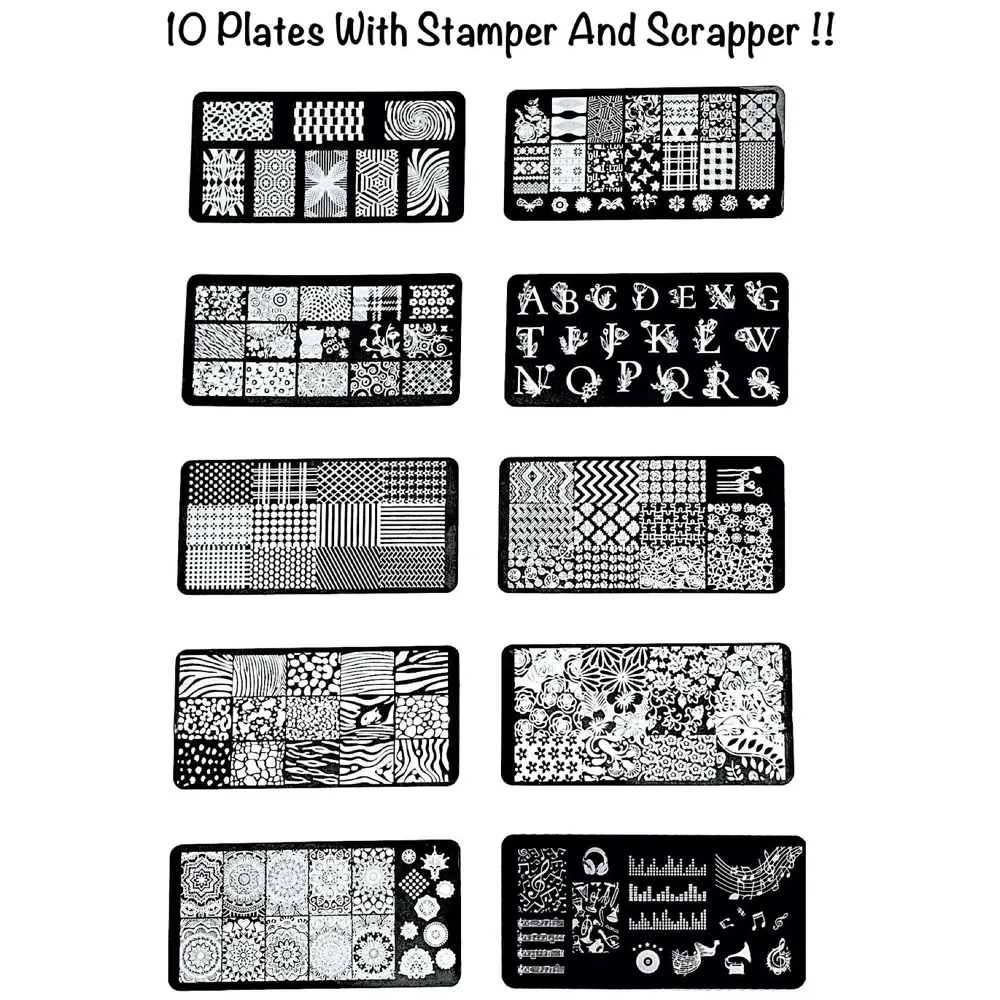 Nail Art 10 Pcs Nail Art Stamping Plates With Stamper And Scraper 12 x 6 Cm (10 Nail Plates) - 2