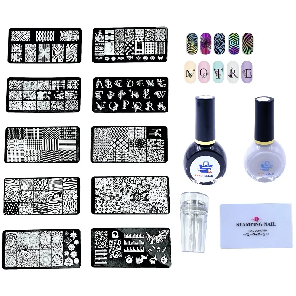 Nail Art 10 Pcs Nail Stamping Plates With Stamper And Scraper and 2 Stamping Polish 12 x 6 Cm (10 Nail Plates, 2 polish)