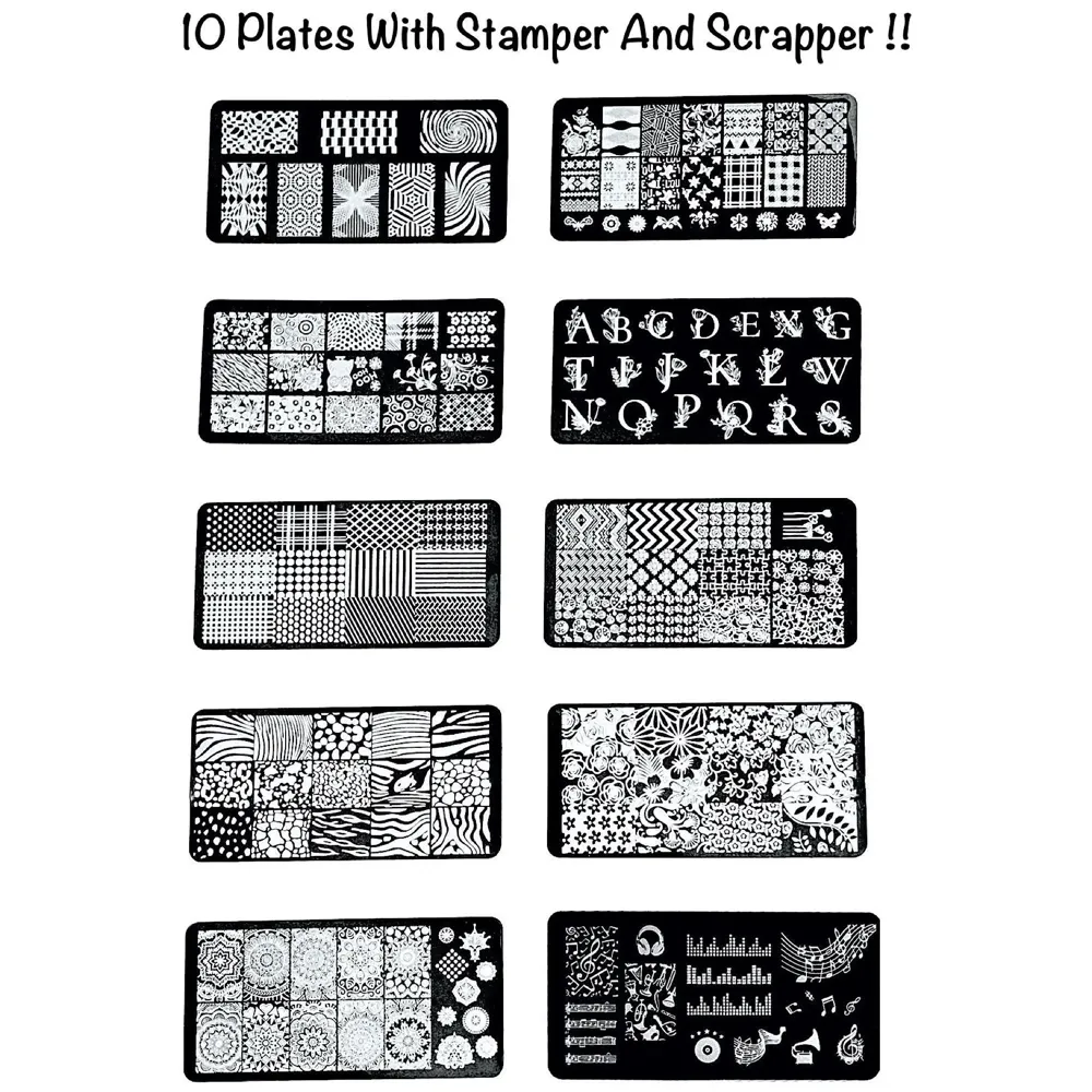 Nail Art 10 Pcs Nail Stamping Plates With Stamper And Scraper and 2 Stamping Polish 12 x 6 Cm (10 Nail Plates, 2 polish)