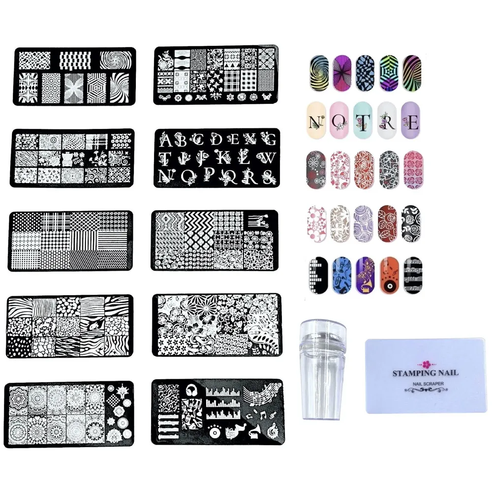 Nail Art 10 Pcs Nail Art Stamping Plates With Stamper And Scraper 12 x 6 Cm (10 Nail Plates)