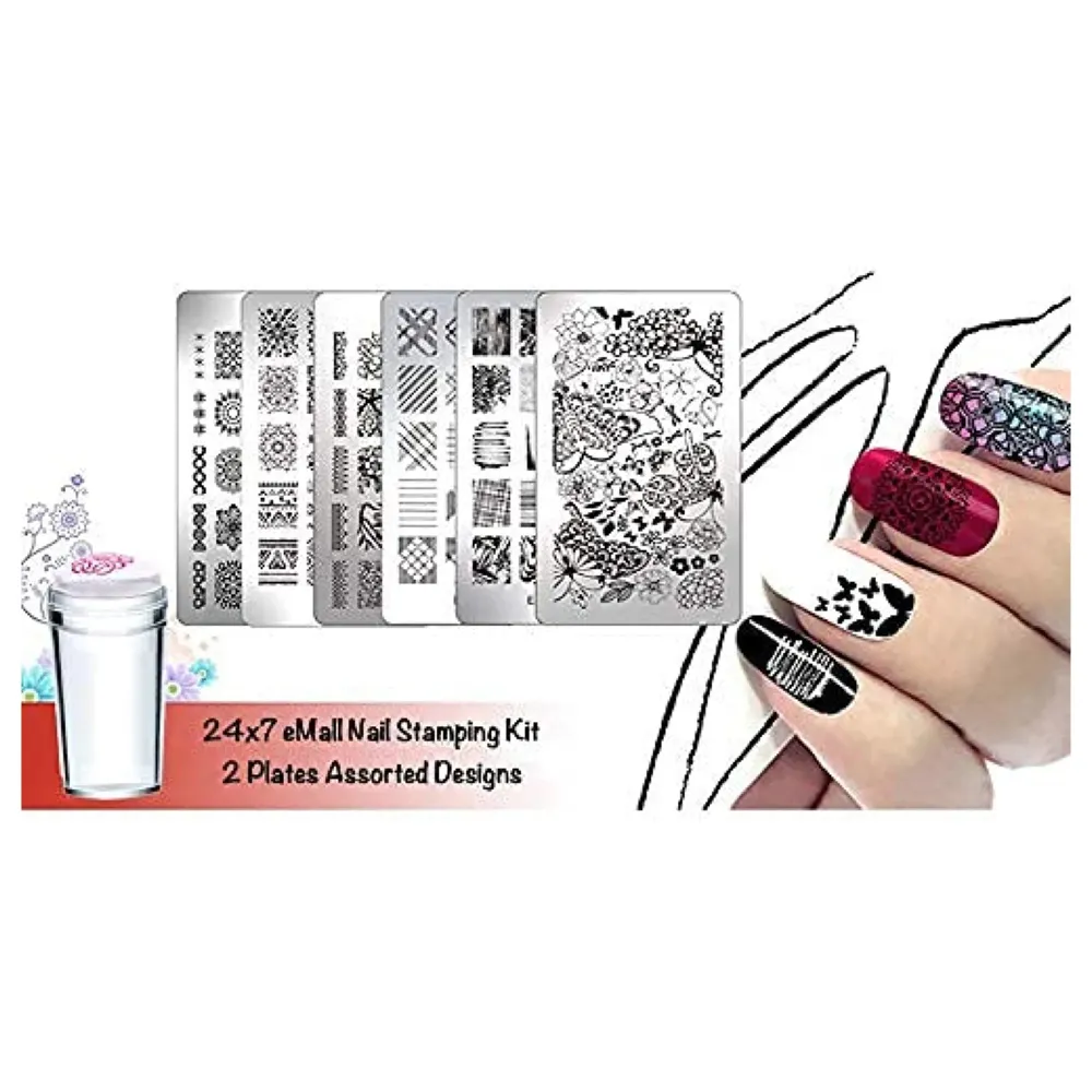 2 pcs Nail Art Stamping Plates With Stamper And Scrapper For Nail Art 12 x 6 Cm (Random Designs)