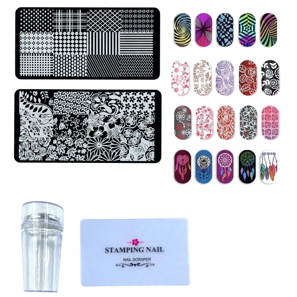 Nail Art Stamping Kit with 2 Rectangular Image Plates With Stamper And Scrapper Random Designs For Beginners.