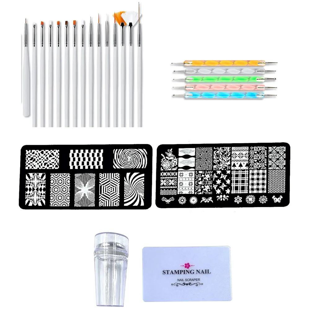 Nail Art Set With 2 Plates, 15 Nail brushes, 5 Dotting Tools, 1 Silicone Stamper And Scrapper Included Complete Kit