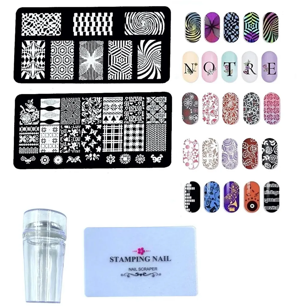 Nail Art Set With 2 Plates, 15 Nail brushes, 5 Dotting Tools, 1 Silicone Stamper And Scrapper Included Complete Kit - 3