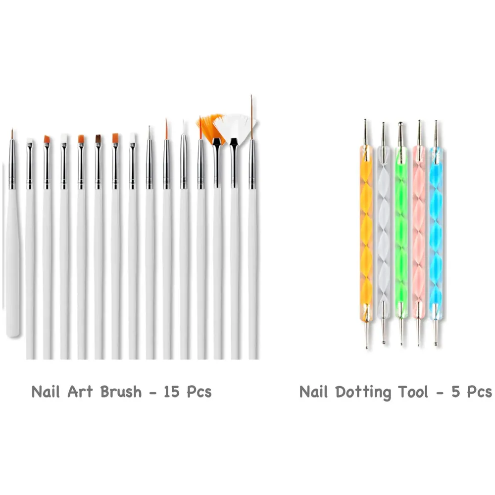 Nail Art Set With 2 Plates, 15 Nail brushes, 5 Dotting Tools, 1 Silicone Stamper And Scrapper Included Complete Kit - 5