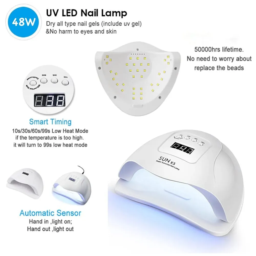 Combo UV Nail Dryer With Top & Base Professional Intelligent 48w 24 LEDs Automatic Sensor LED Nail Curing Nail Art Lamp Manicure Pedicure Tool - White - 5