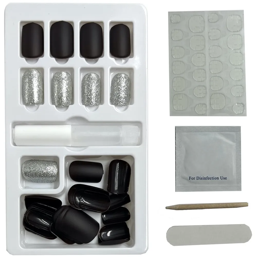 Press on Gel Nails 30 Pcs with Double Sided Jelly Adhesive Nail Glue Nail Filer Silver Blue