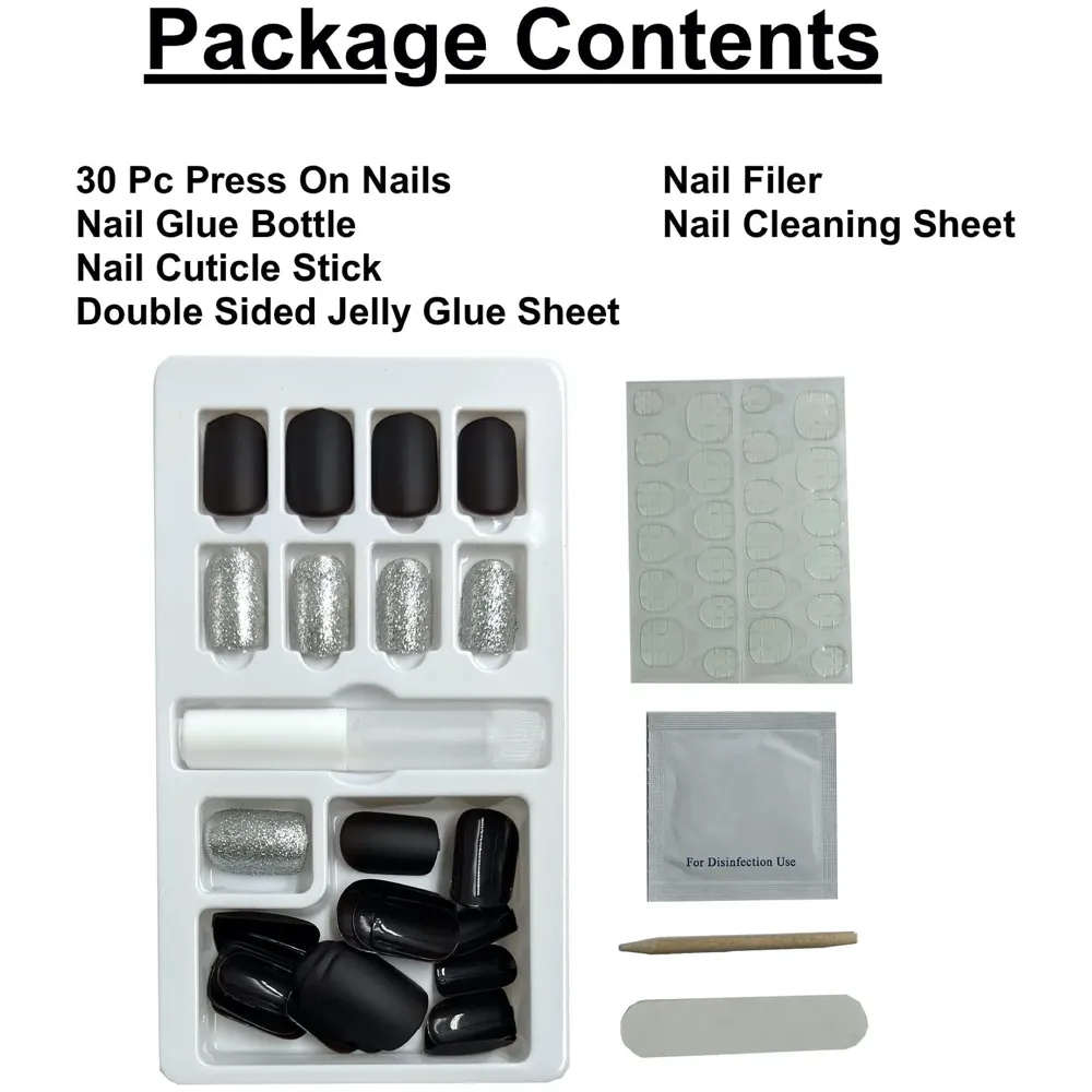 Press on Gel Nails 30 Pcs with Double Sided Jelly Adhesive Nail Glue Nail Filer Silver Blue - 6