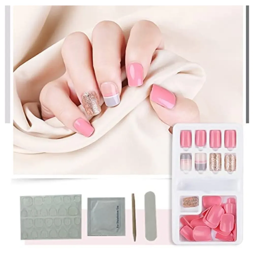 Press on Gel Nails 30 Pcs with Double Sided Jelly Adhesive Nail Glue Nail Filer Pink Gold - 2