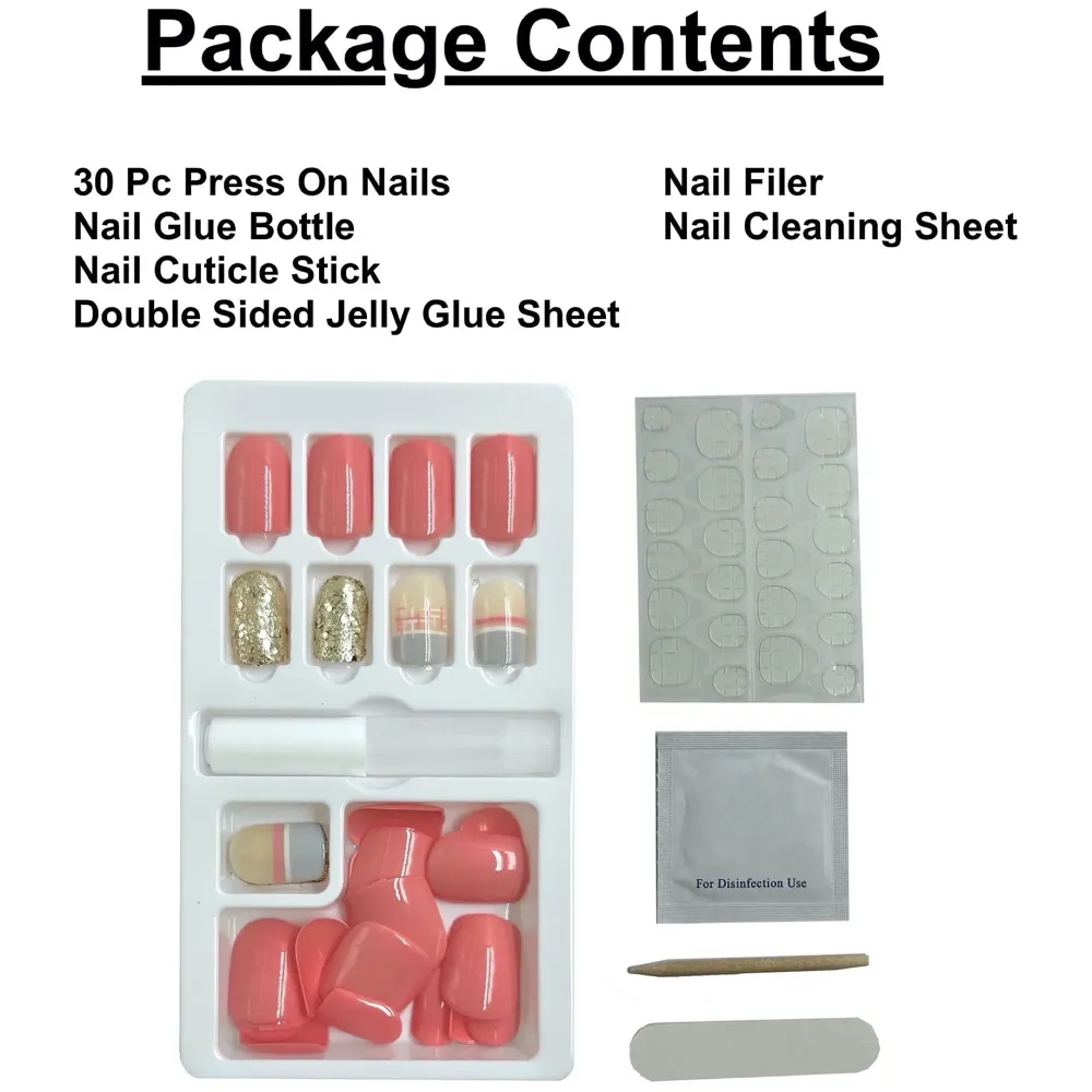 Press on Gel Nails 30 Pcs with Double Sided Jelly Adhesive Nail Glue Nail Filer Pink Gold - 6