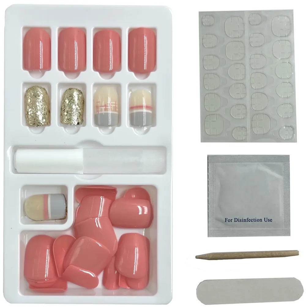 Press on Gel Nails 30 Pcs with Double Sided Jelly Adhesive Nail Glue Nail Filer Pink Gold