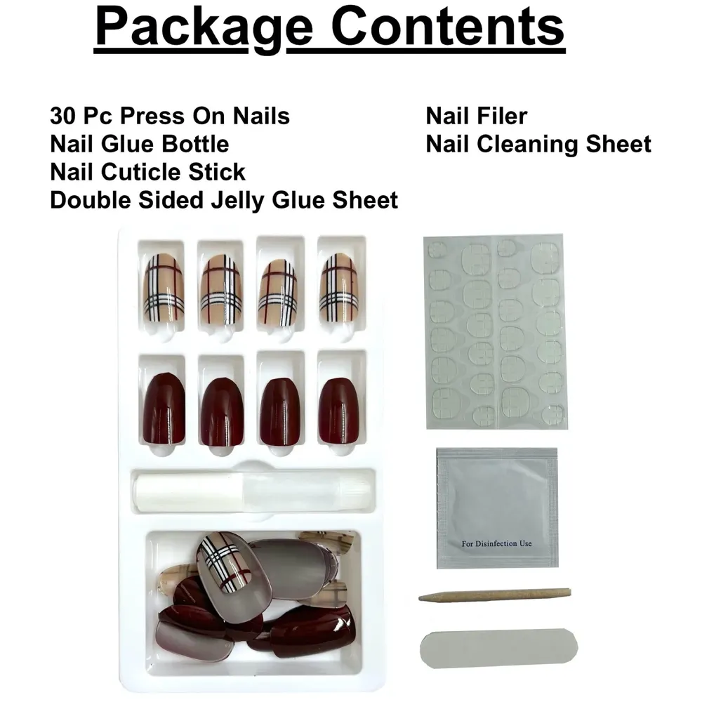Press on Gel Nails 30 Pcs with Double Sided Jelly Adhesive Nail Glue Nail Filer Red Designer