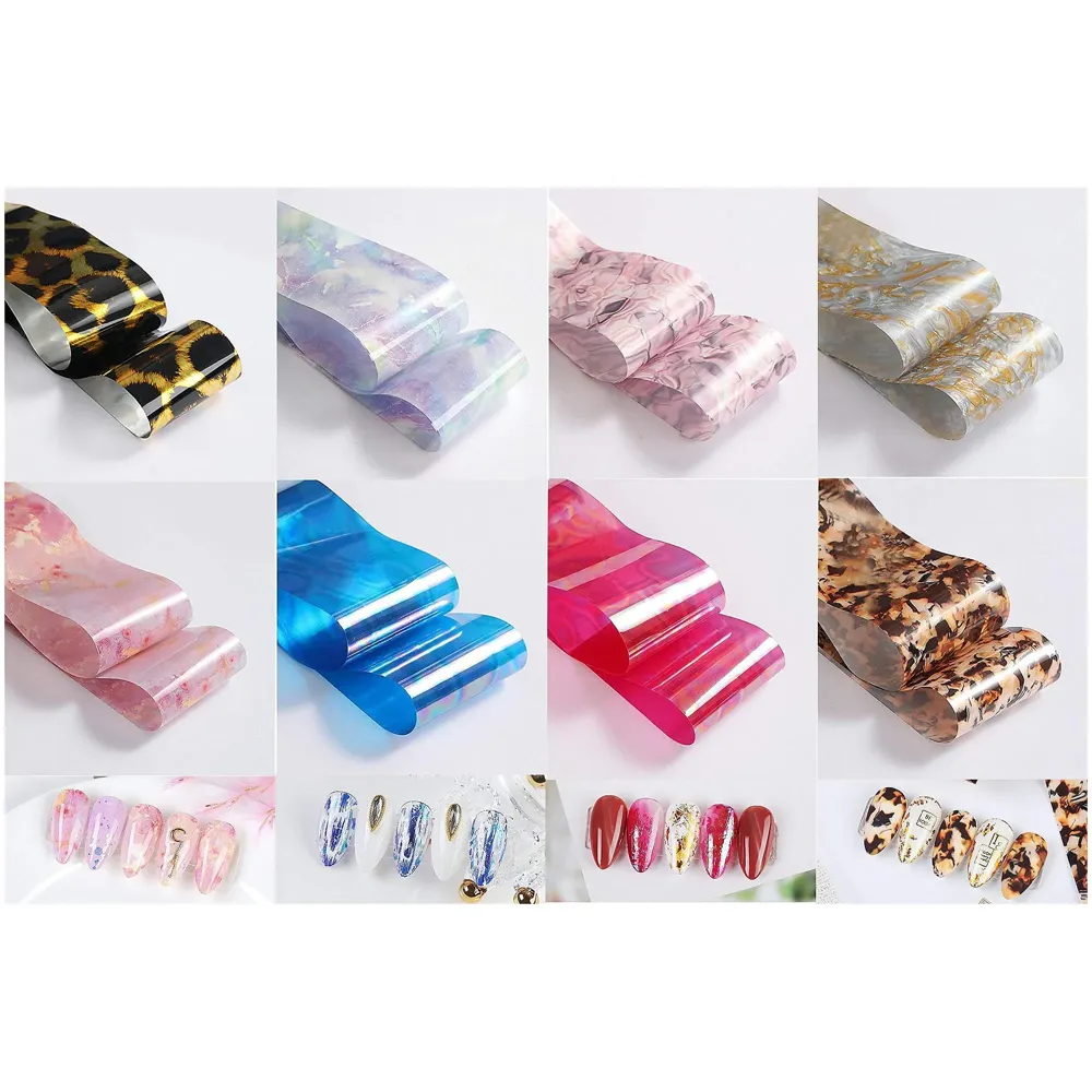 Nail Foil Set of 10 Rolls Box with Top and Base Coat Included. Nail Art Kit