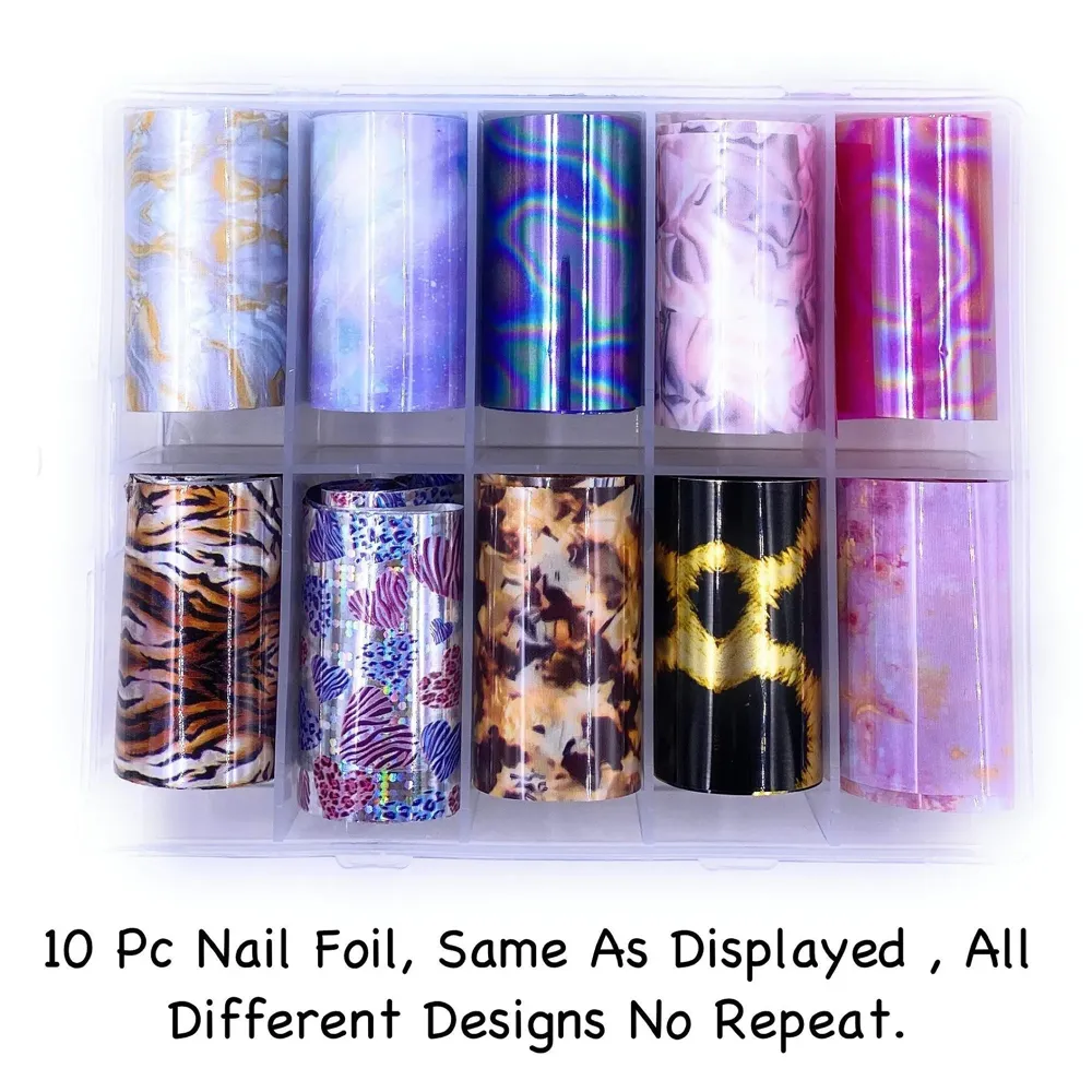 Nail foil Set For Nail Art, 10 Rolls, Easy To Use Complete Kit For Beginners.