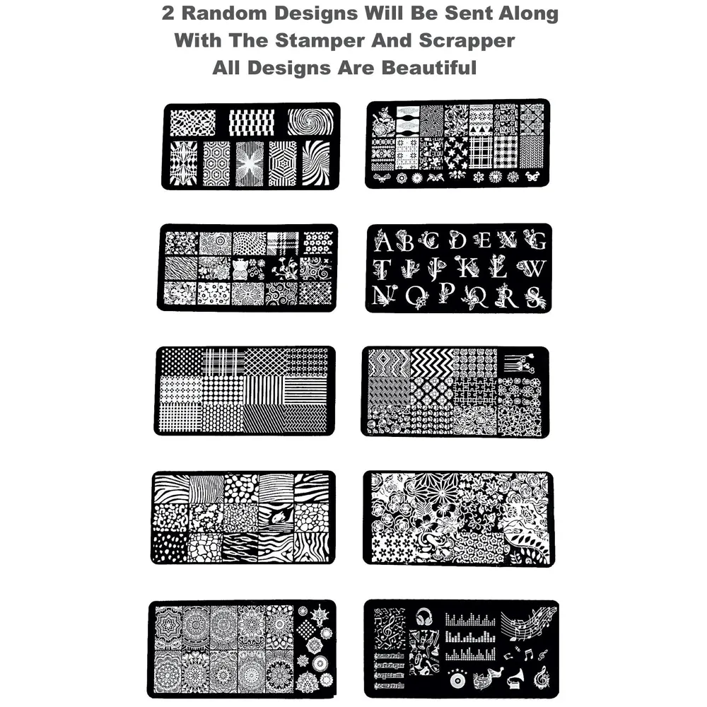 Nail Art Stamping Kit with 2 Rectangular Image Plates With Stamper And Scrapper (2 Plates) Random Designs - 2