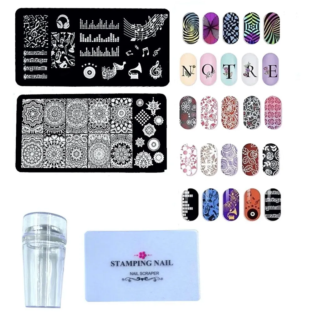 Nail Art Set 2 Pc Stamping Plate With Stamper And Scraper, Complete Kit For Designing Nails