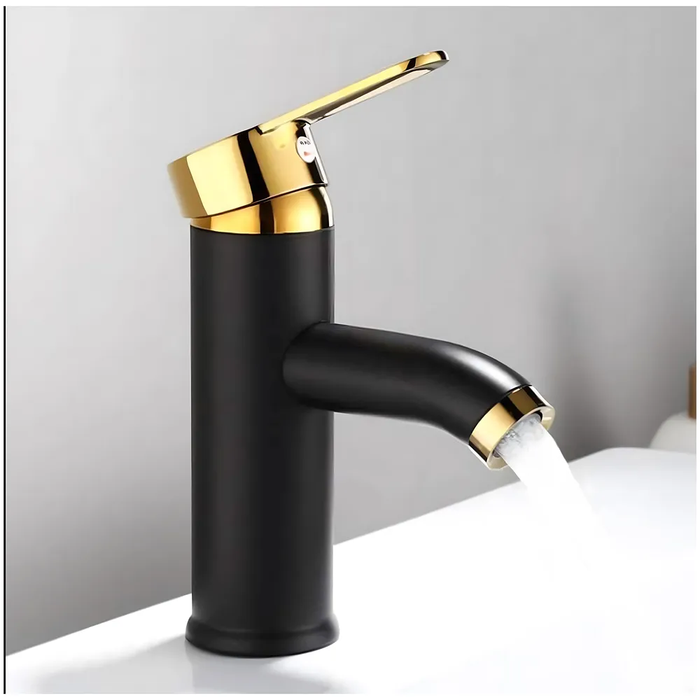 Black Gold Small Faucet Single Lever Basin Mixer Waterfall Short Black, for Bathroom Washbasins Toilets 7 Inches Height. Premium