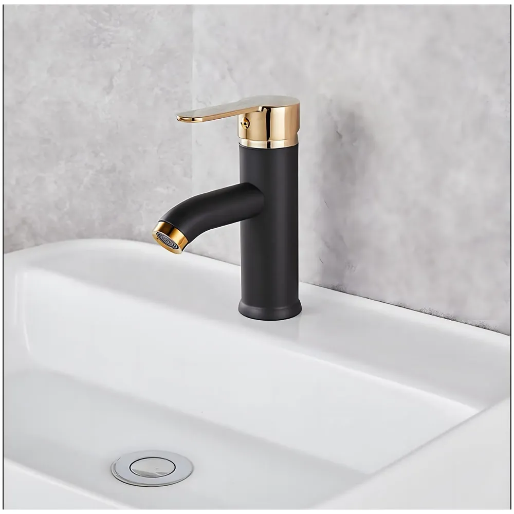Black Gold Small Faucet Single Lever Basin Mixer Waterfall Short Black, for Bathroom Washbasins Toilets 7 Inches Height.