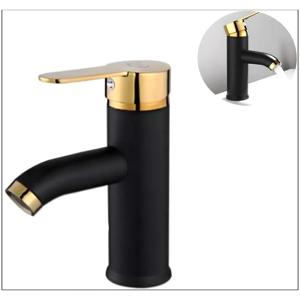 Black Gold Small Faucet Single Lever Basin Mixer Waterfall Short Black, for Bathroom Washbasins Toilets 7 Inches Height.