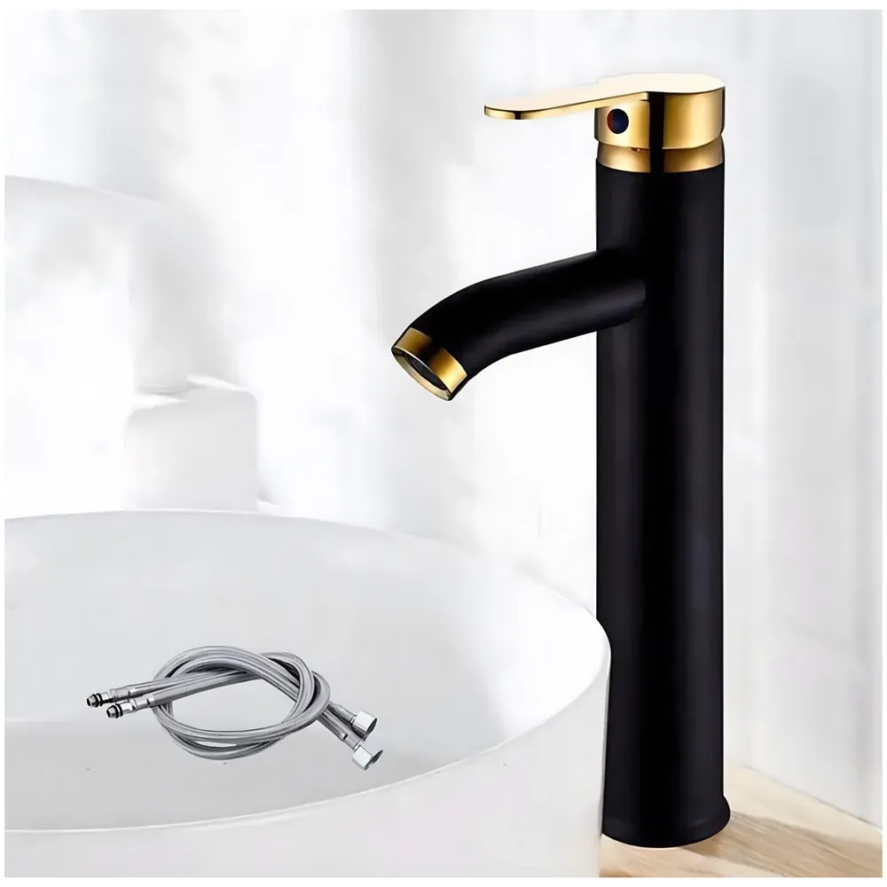 Black Gold Tall Faucet Single Lever Basin Mixer Waterfall Short Black, for Bathroom Washbasins Toilets 12 Inches Height. - 6