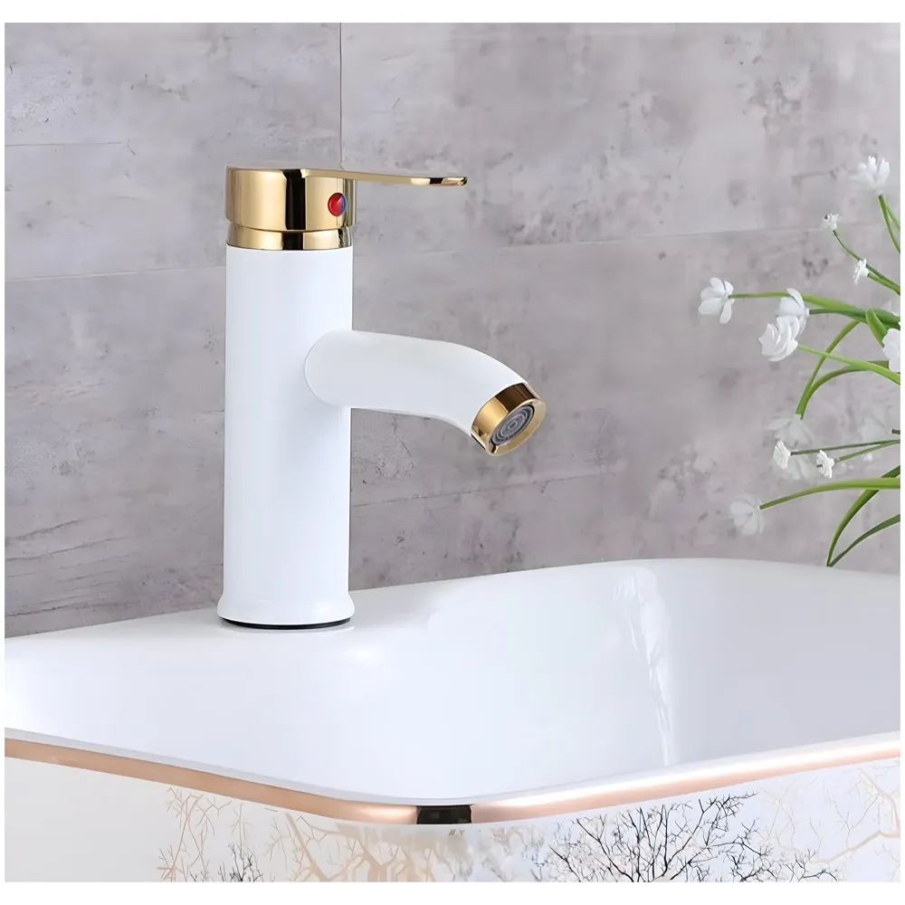 White Gold Small Faucet Single Lever Basin Mixer Waterfall Short Black, for Bathroom Washbasins Toilets 7 Inches Height. - 2