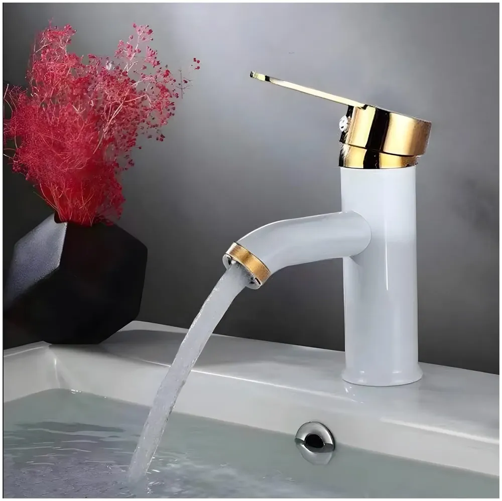 White Gold Small Faucet Single Lever Basin Mixer Waterfall Short Black, for Bathroom Washbasins Toilets 7 Inches Height.